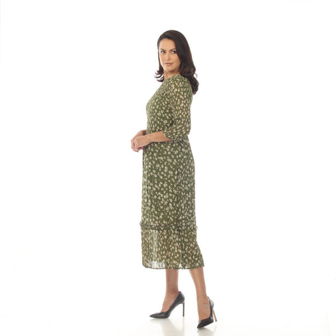 3/4 Sleeve Ruffle Skirt Print Dress - DR1421 Green